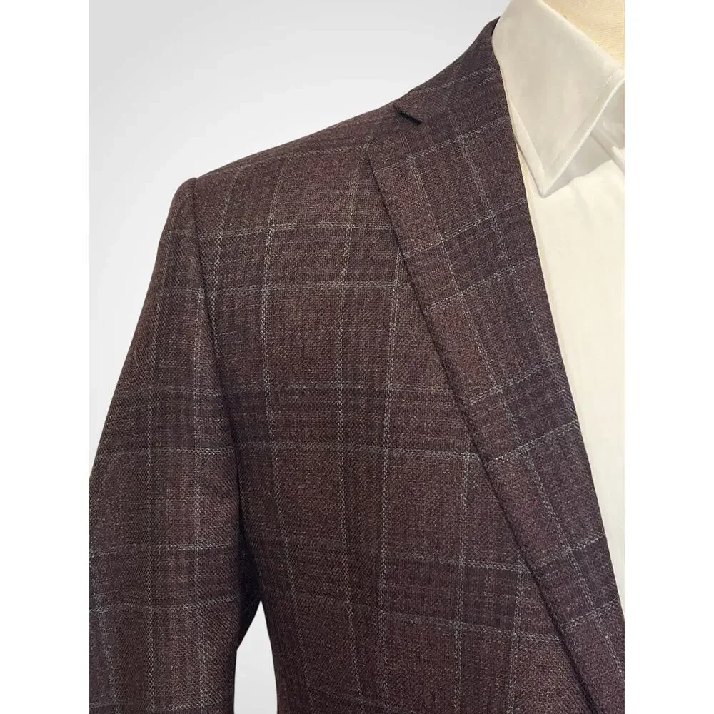 Ermenegildo Zegna Traveller Australian Wool Heathered Merlot Burgundy Plaid 44L